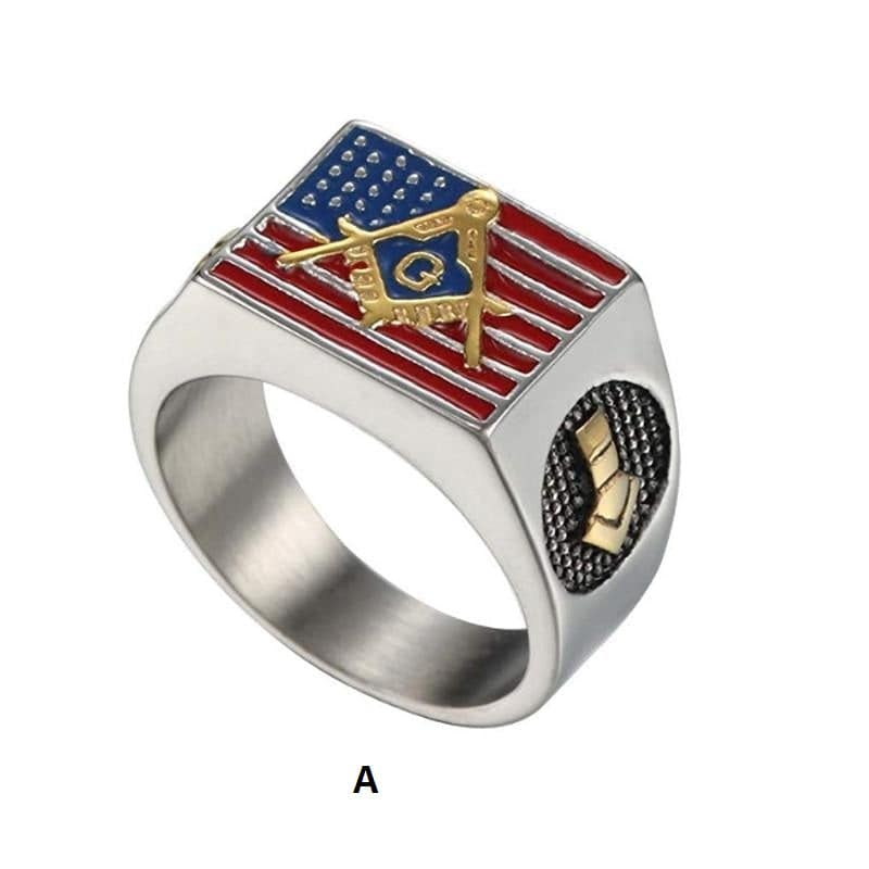Master Mason Blue Lodge Ring - Compass and Square G USA Flag - Bricks Masons