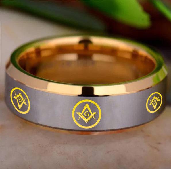 Master Mason Blue Lodge Ring - Gold Beveled Tungsten Personalizable - Bricks Masons