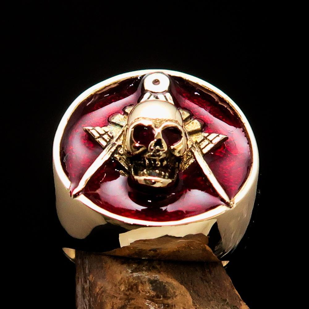 Master Mason Blue Lodge Ring - Gold & Red Brass With Skull Square and Compass - Bricks Masons