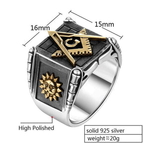 Master Mason Blue Lodge Ring - Sun Moon 925 Sterling Silver - Bricks Masons
