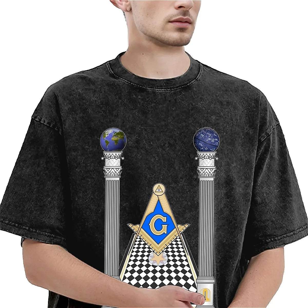 Master Mason Blue Lodge T-Shirt - Square & Compass With Pillars - Bricks Masons