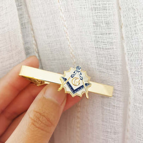 Master Mason Blue Lodge Tie Clip - Gold With Flaming Square and Compass G - Bricks Masons