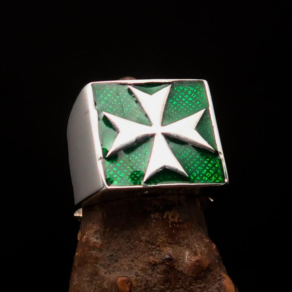 Order of Malta Ring - Green & Silver Cross Sterling Silver - Bricks Masons