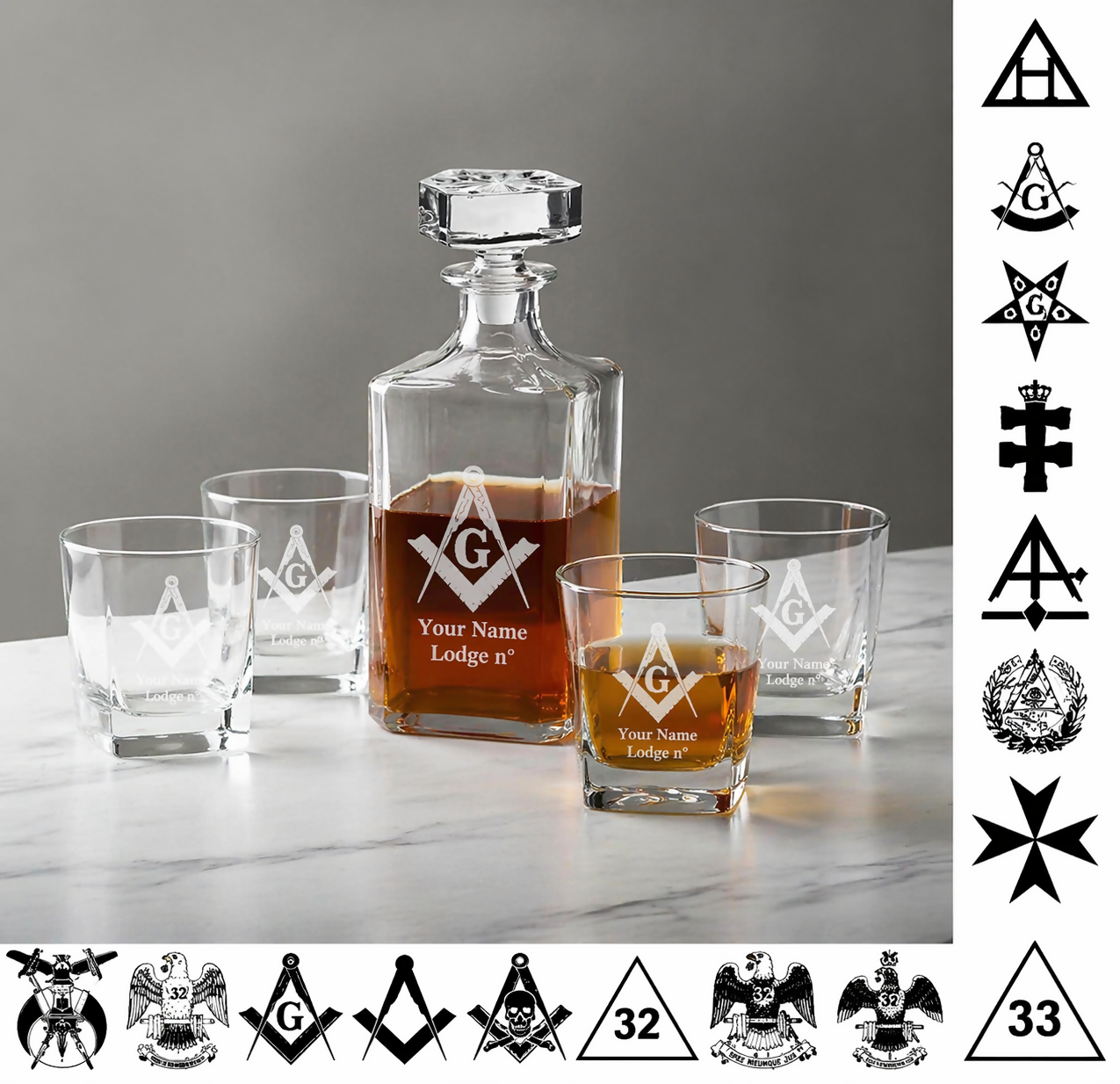 FREE ENGRAVING Personalized 5 piece Masonic Square Decanter Set - Bricks Masons