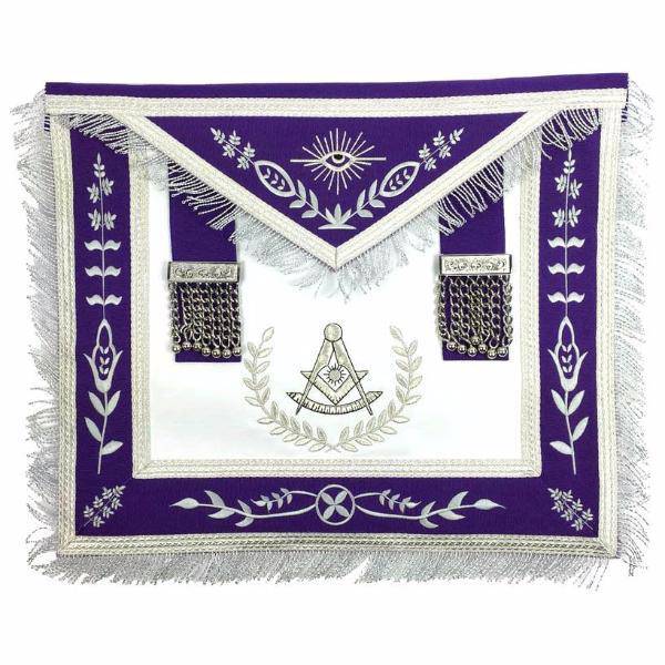 Past Master Blue Lodge Apron - White & Purple with Silver Embroidery - Bricks Masons