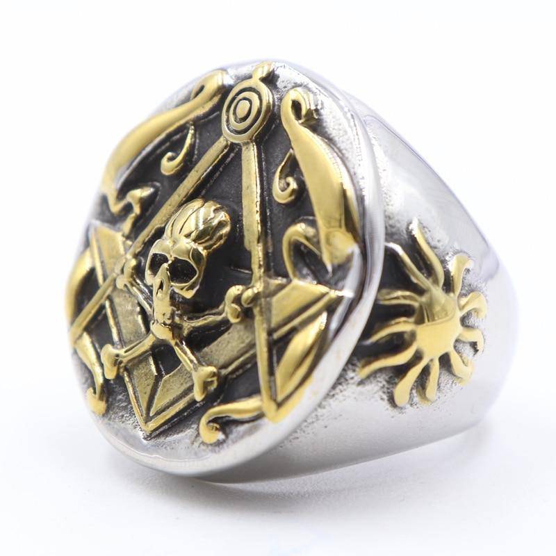 Widows Sons Ring - Skull Cross Bones and Compass with Golden Motif