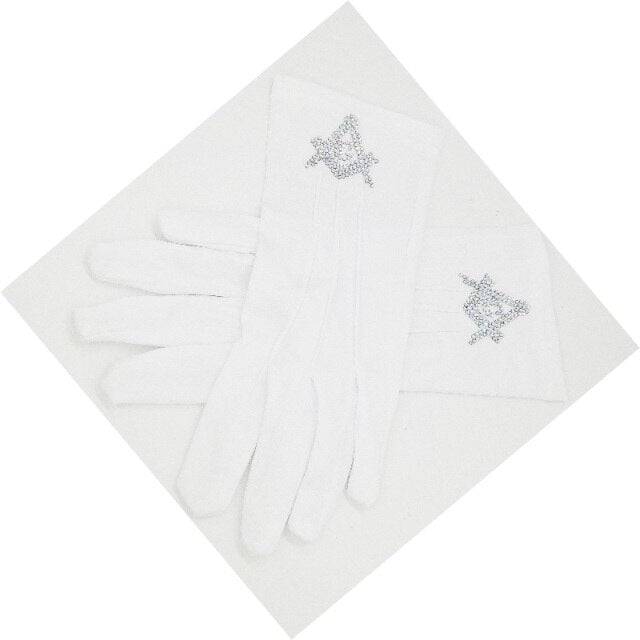 Master Mason Blue Lodge Gloves - Polyester With Square and Compass G Rhinestone