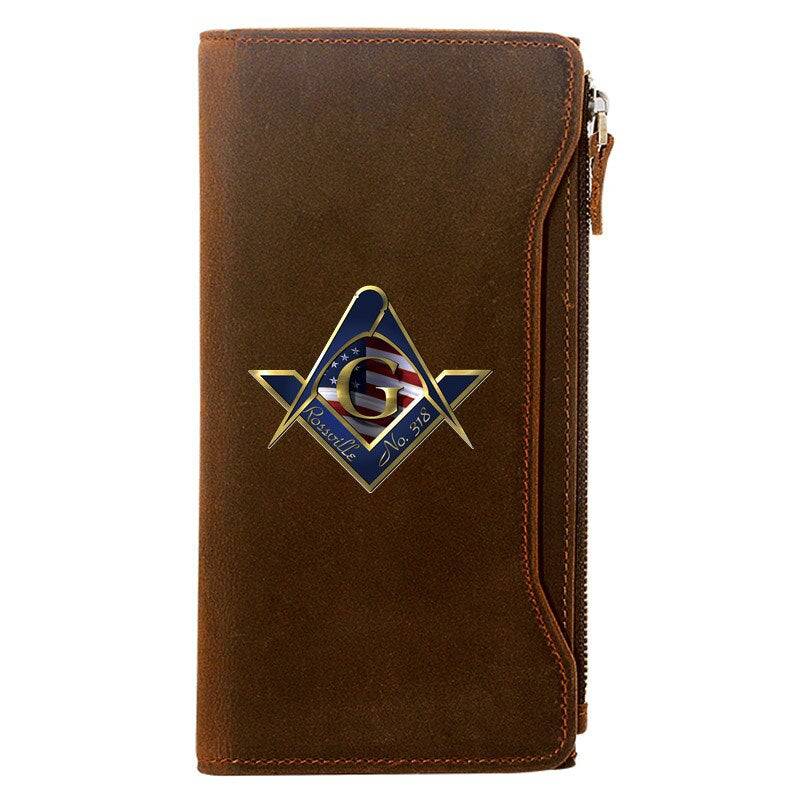 Master Mason Blue Lodge Wallet - Genuine Leather Roseville American Flag Brown