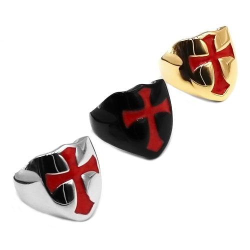 Knights Templar Commandery Ring - Armor Shield Red Cross (Black/Gold/Silver)