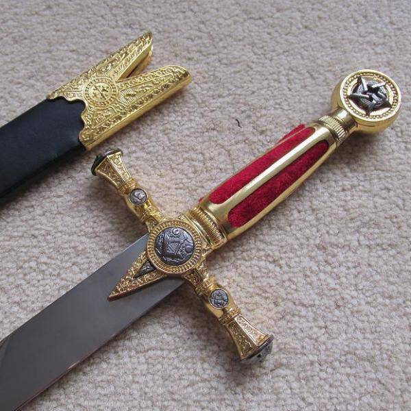 Fellowcraft Blue Lodge Sword - Square Compass Gold Ceremonial Knife W/ Sheath 25.3"