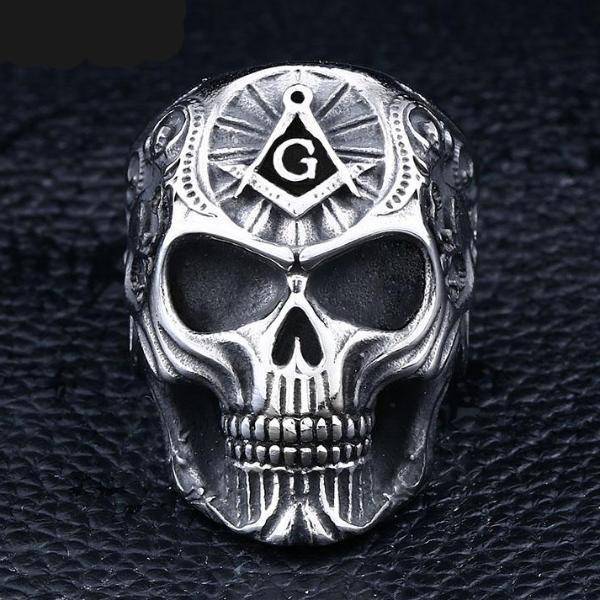 Master Mason Blue Lodge Ring - Gothic Skull Motif Silver