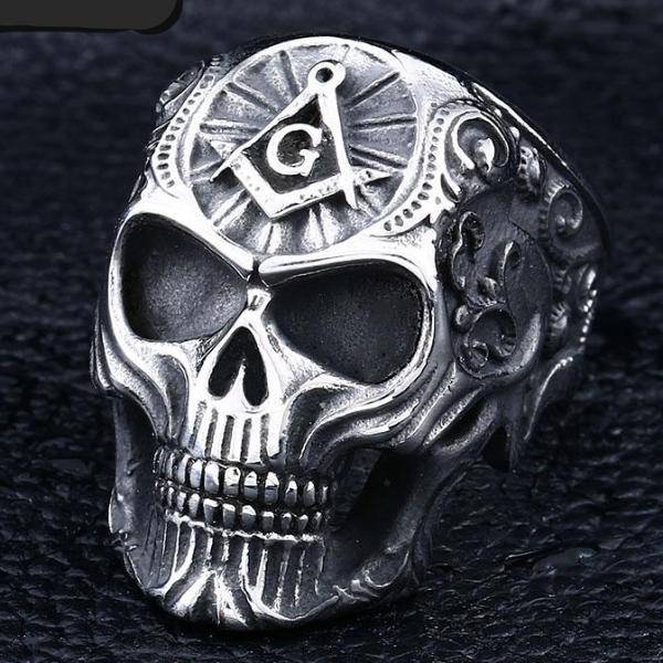 Master Mason Blue Lodge Ring - Gothic Skull Motif Silver