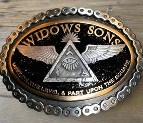 Widows Sons Belt Buckle - Eye of Providence With Wings & Quote