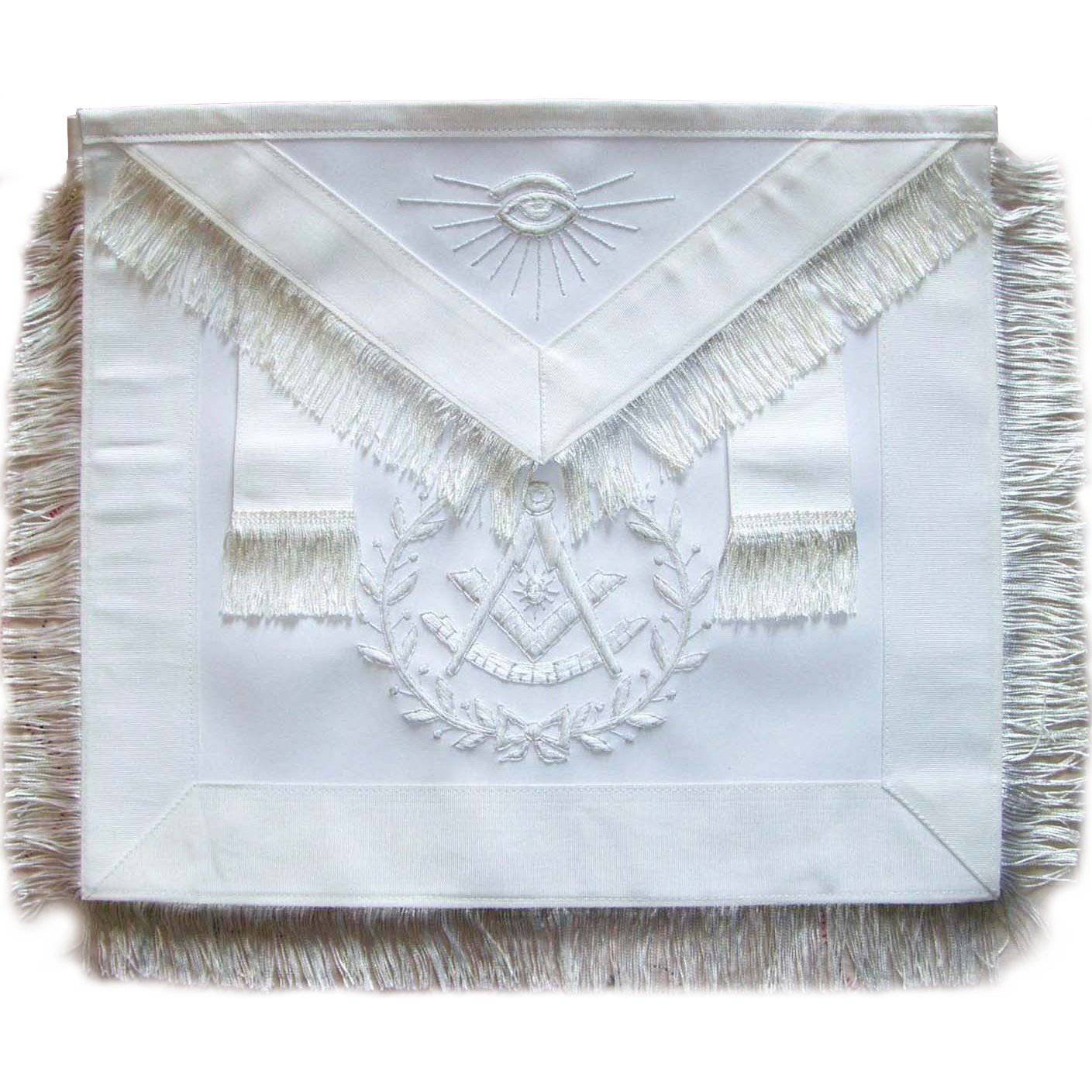 Past Master Blue Lodge Apron - All White with Wreath & Fringe Tassels