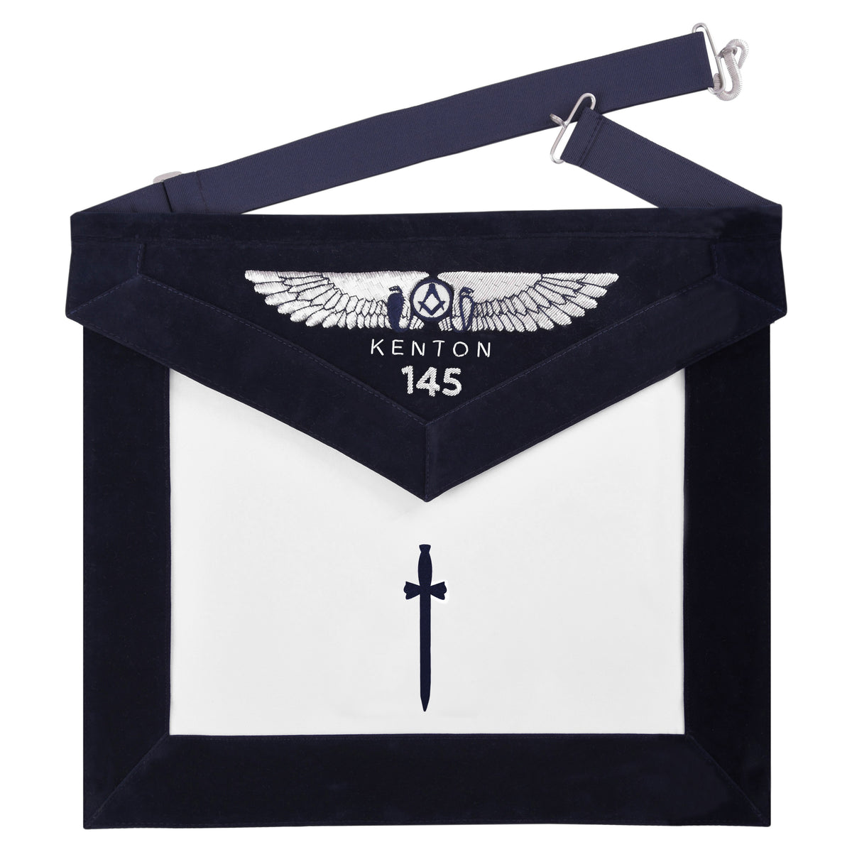 Tyler Blue Lodge Officer Apron - Kenton Lodge Navy Velvet With Silver Embroidery Thread - Bricks Masons