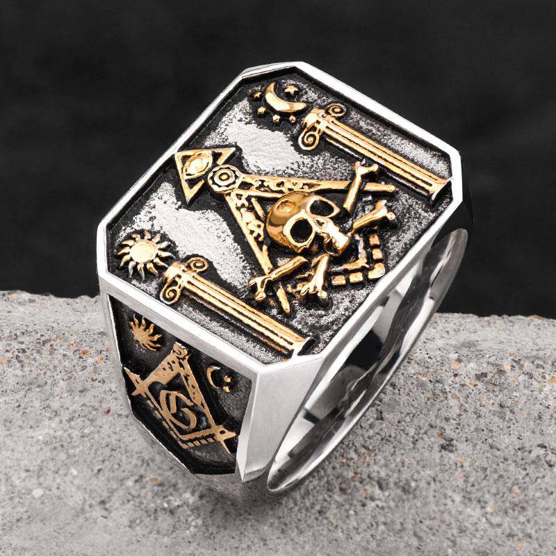 Widows Sons Ring - Gothic Skull and Bones Moon Sun - Bricks Masons