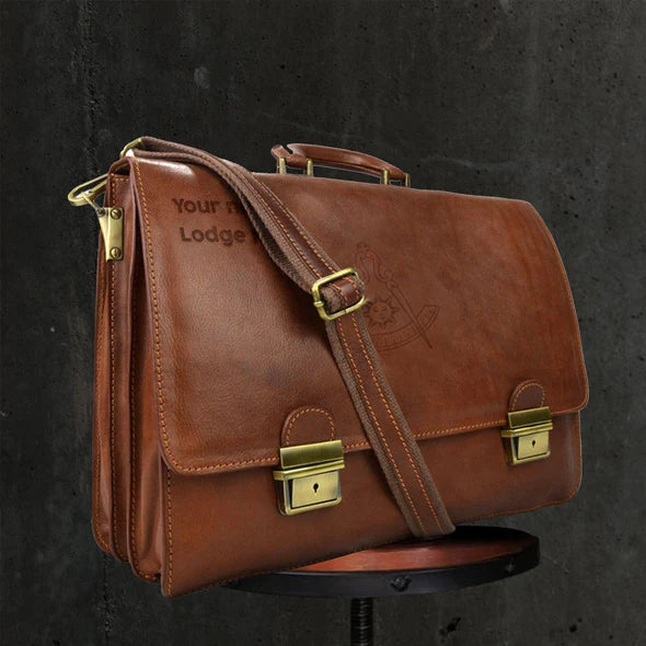 Past Master Blue Lodge California Regulation Briefcase - Genuine Brown Leather - Bricks Masons