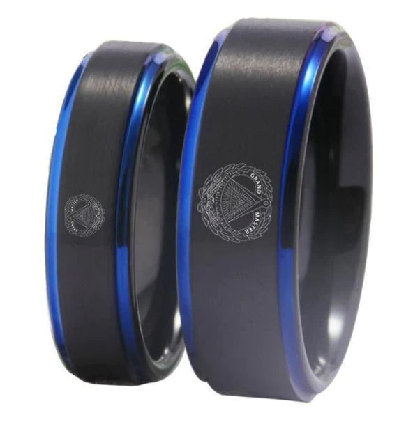 Grand Master Blue Lodge Ring - Black Blue Tungsten - Bricks Masons