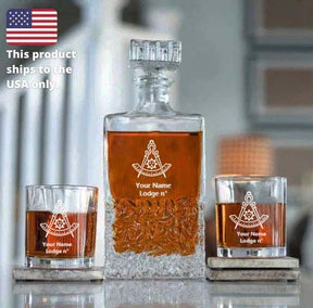 Past Master Blue Lodge California Regulation Decanter - 2 Tumbler Glasses Set - Bricks Masons