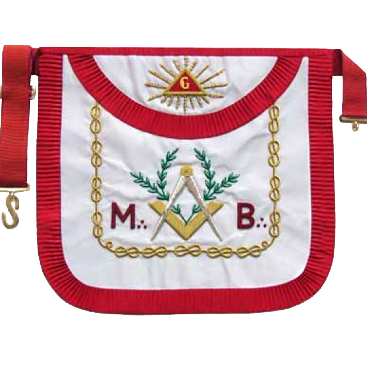 Master Mason Scottish Rite Apron - White & Red Pleated Edges Gold Embroidery - Bricks Masons