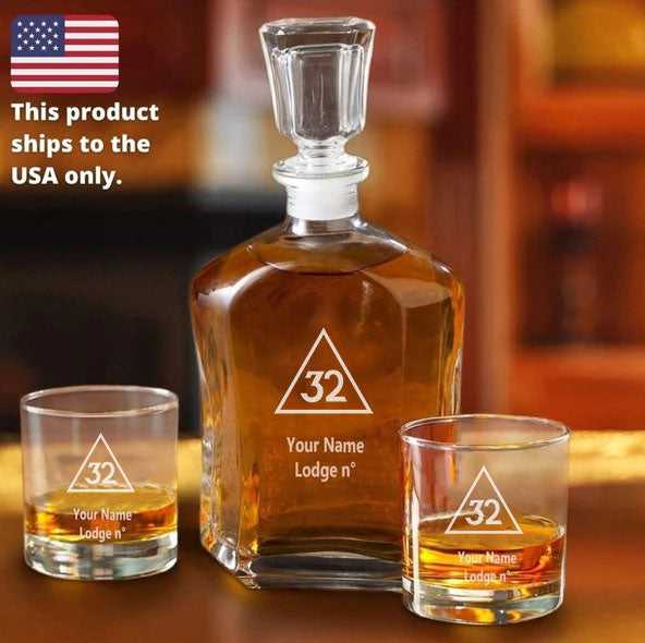 32nd Degree Scottish Rite Decanter - 2 Whiskey Tumbler Glasses Set - Bricks Masons