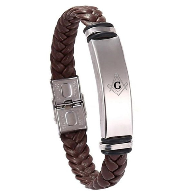 Master Mason Blue Lodge Bracelet - Square & Compass G Brown Leather Rope Weaving - Bricks Masons