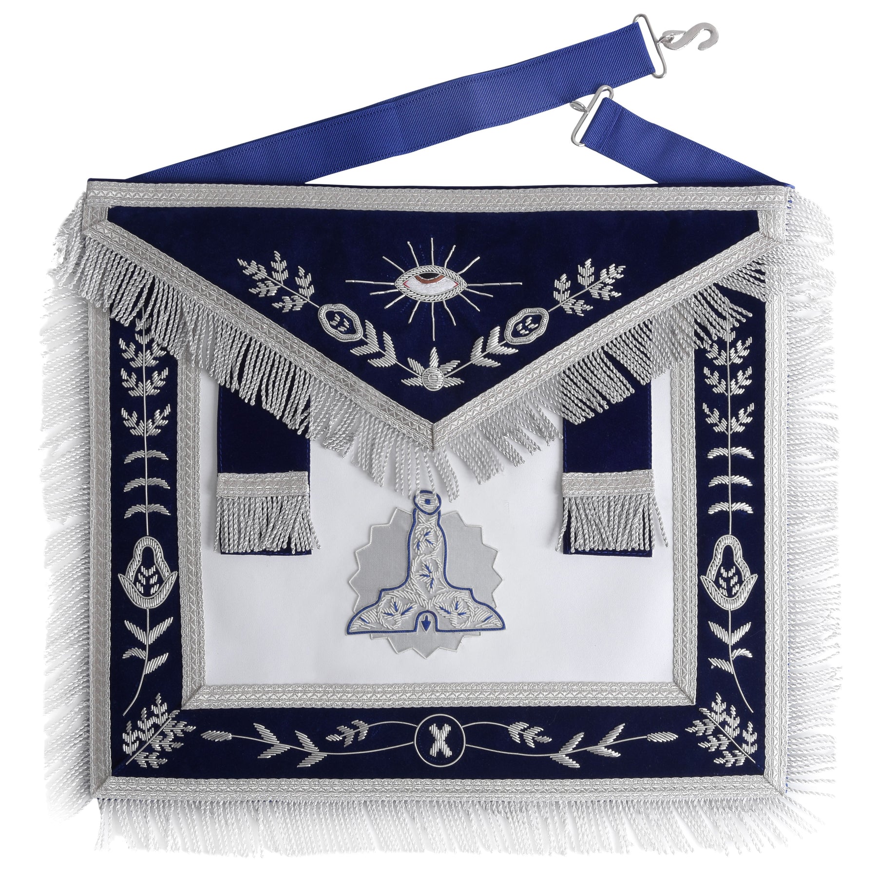 Senior Warden Blue Lodge Officer Apron - Silver Fringe & Side Tabs - Bricks Masons