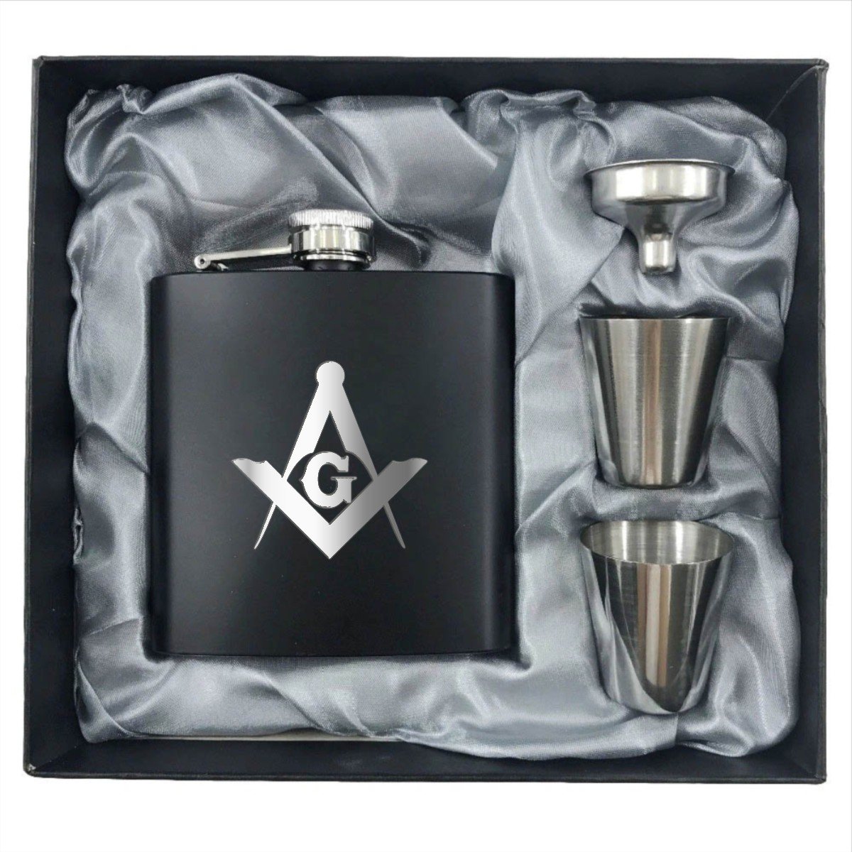 Master Mason Blue Lodge Flask - 2 Shot Glasses & Funnel - Bricks Masons